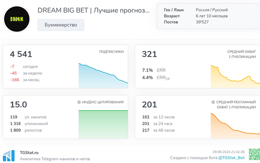 Телеграмм-канал DREAM BIG BET | Лучшие прогнозы на спорт — отзывы, разоблачение